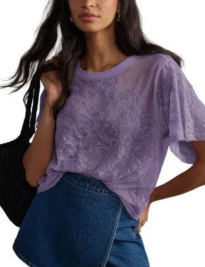 OPCAKM Women's Mesh Tops Y2K Short Sleeve Sheer Lace Embroidered Shirts Layering See Through Blouse