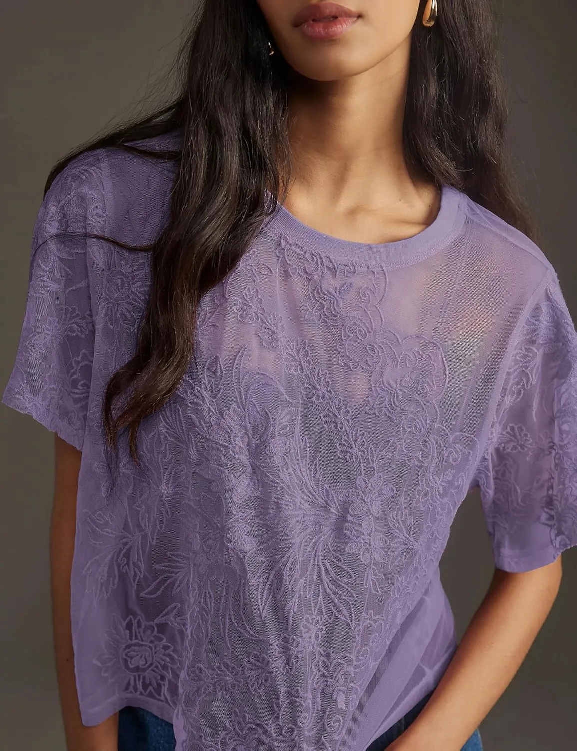OPCAKM Women's Mesh Tops Y2K Short Sleeve Sheer Lace Embroidered Shirts Layering See Through Blouse
