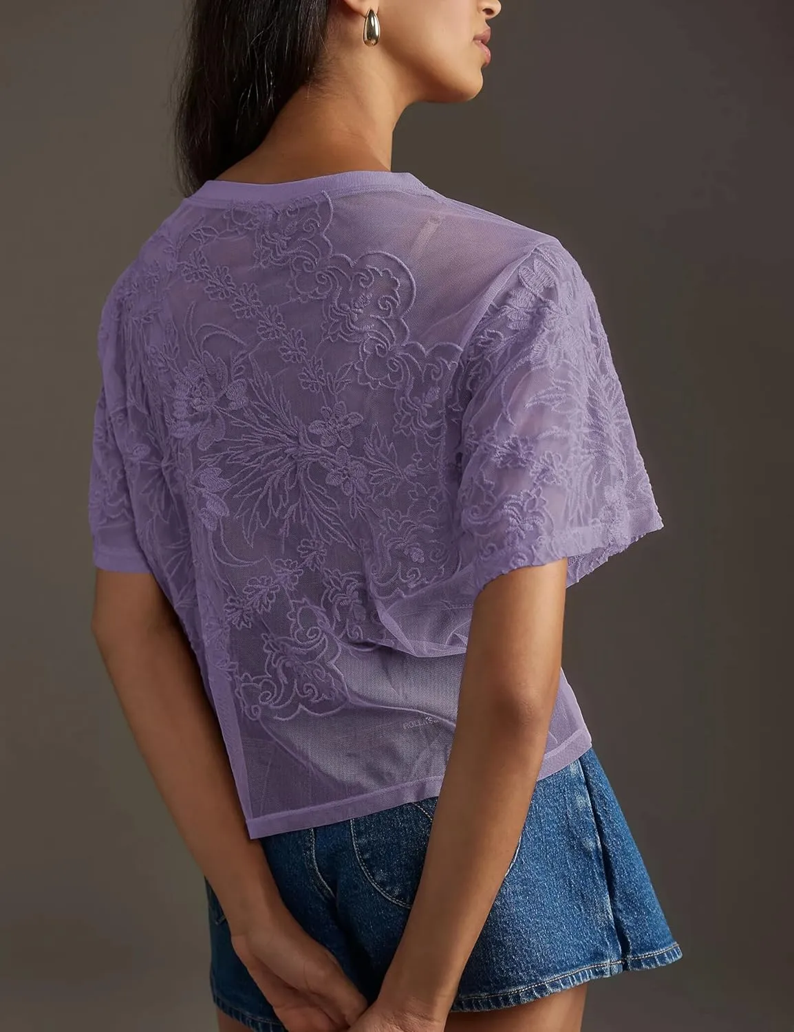 OPCAKM Women's Mesh Tops Y2K Short Sleeve Sheer Lace Embroidered Shirts Layering See Through Blouse