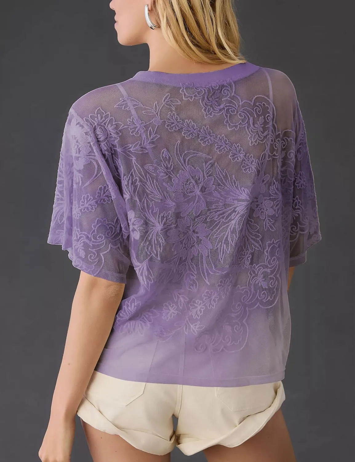 OPCAKM Women's Mesh Tops Y2K Short Sleeve Sheer Lace Embroidered Shirts Layering See Through Blouse