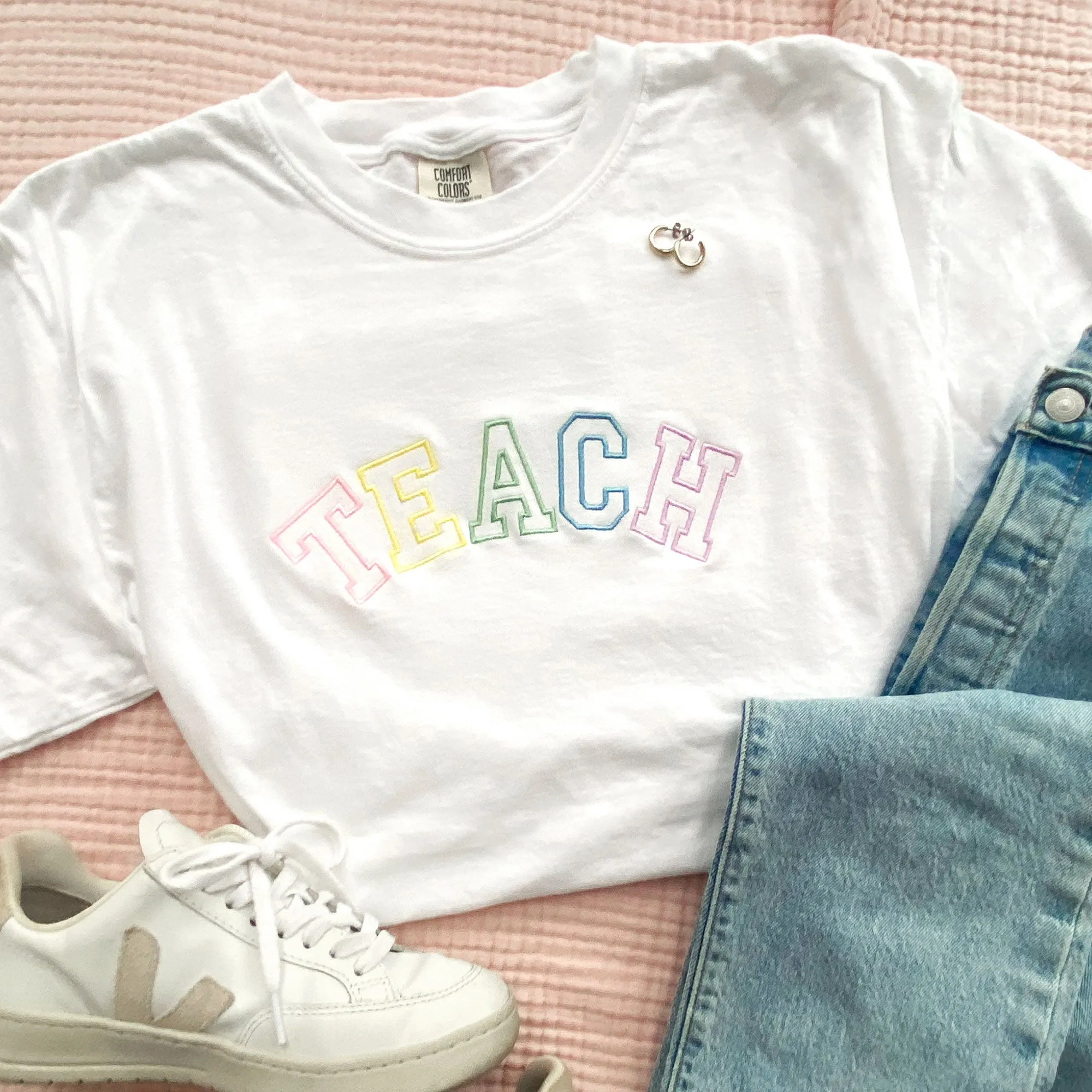 Pastel Rainbow Teach Embroidered Comfort Colors T-Shirt
