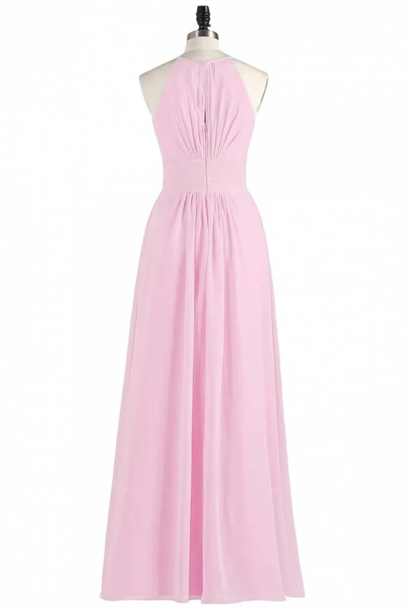 Pink Chiffon Halter Sleeveless A-Line Long Bridesmaid Dress