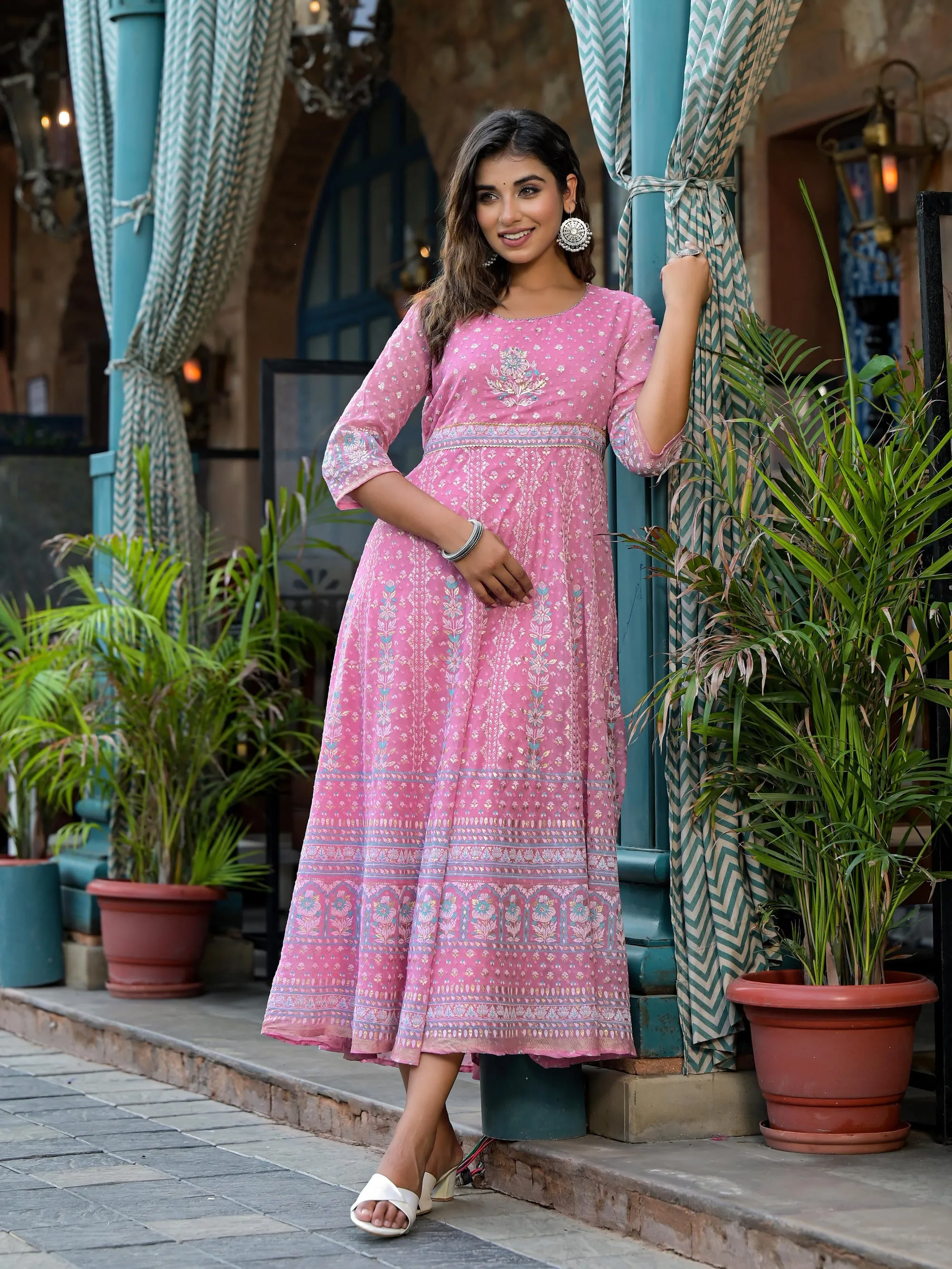 Pink Ethnic Motif Printed Chiffon Dress With Sequins & Lace Work