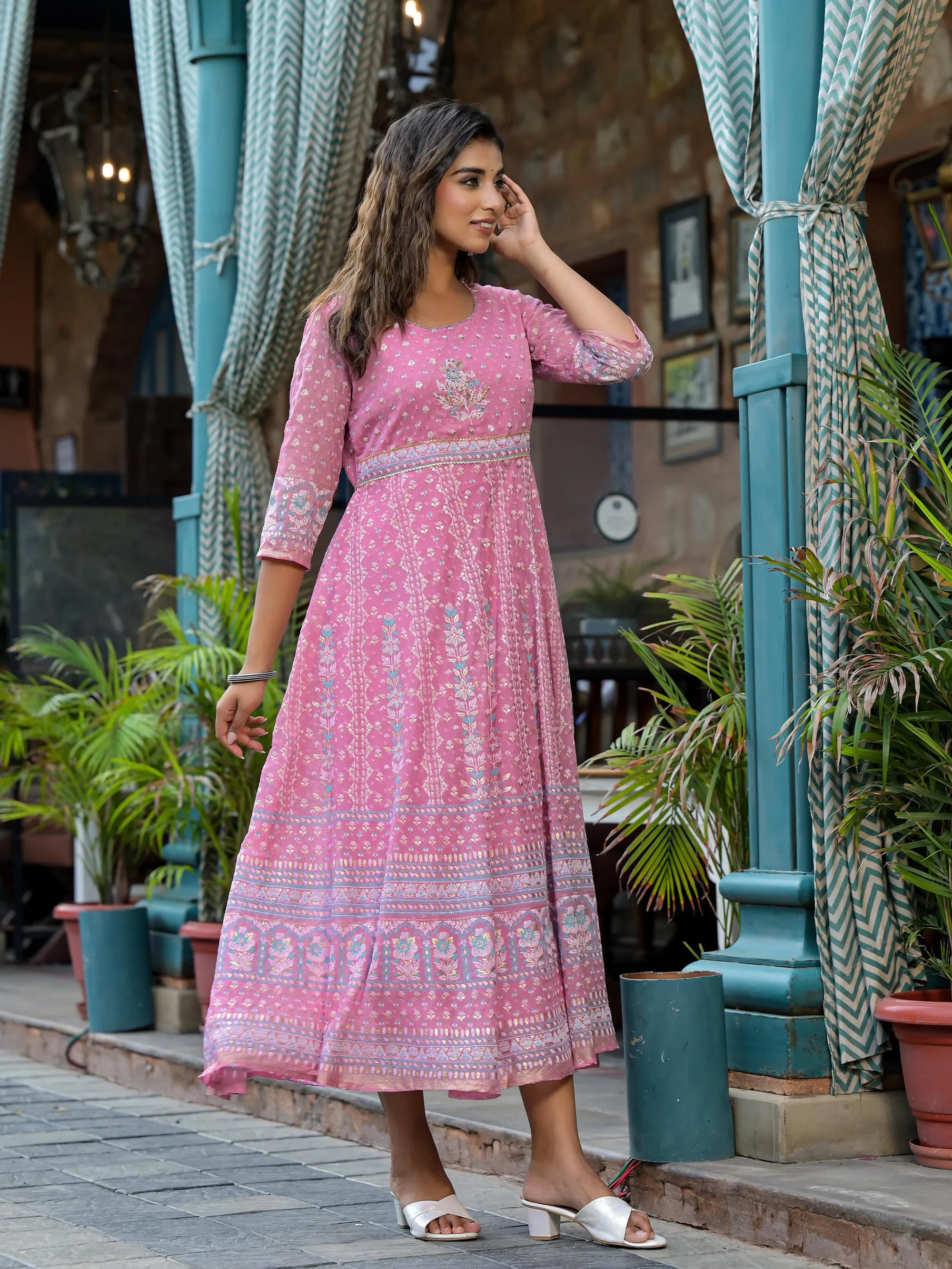 Pink Ethnic Motif Printed Chiffon Dress With Sequins & Lace Work