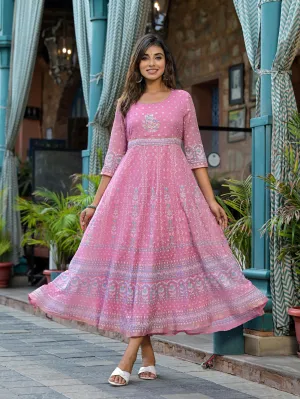 Pink Ethnic Motif Printed Chiffon Dress With Sequins & Lace Work