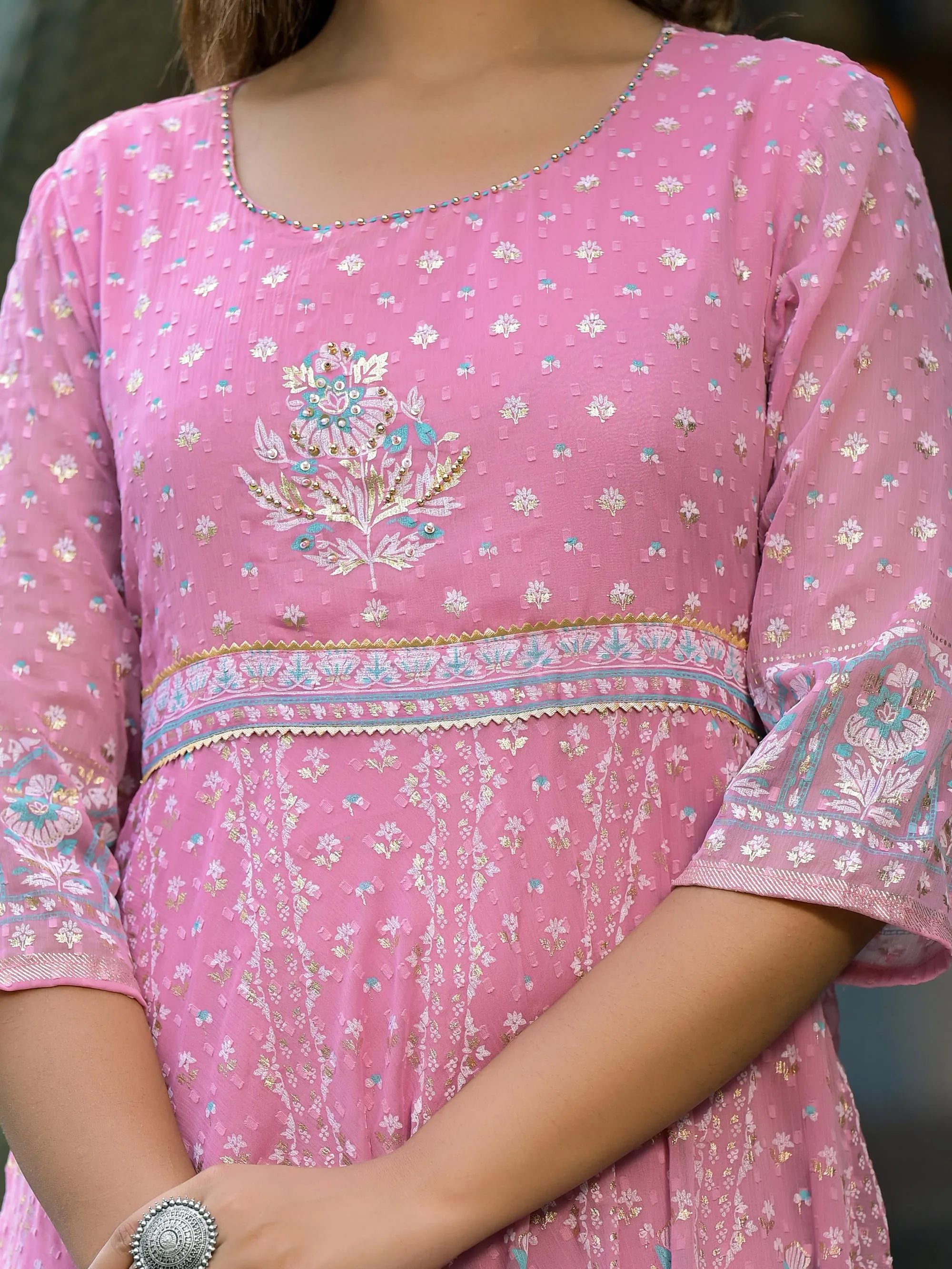 Pink Ethnic Motif Printed Chiffon Dress With Sequins & Lace Work