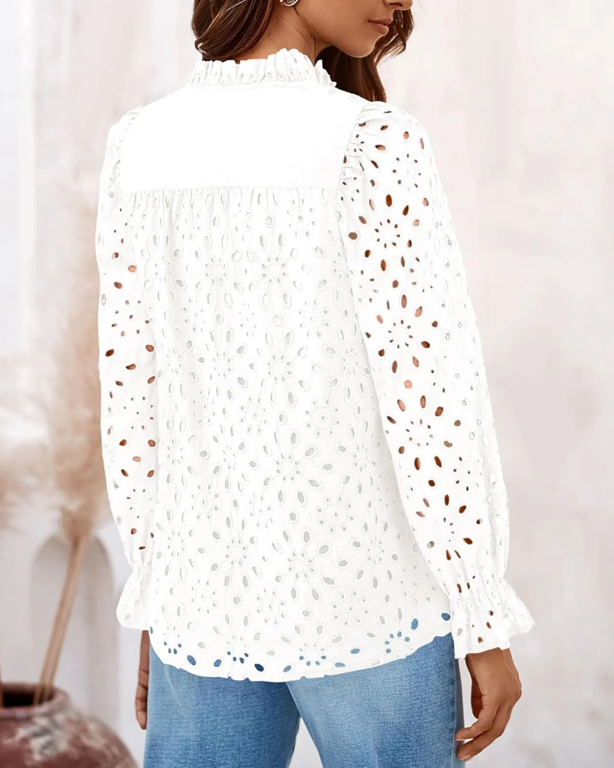 PRETTYGARDEN Women's Dressy Casual Blouse Tops Fall Spring Puff Long Sleeve Button V Neck Hollow Out Lace Embroidered Shirts