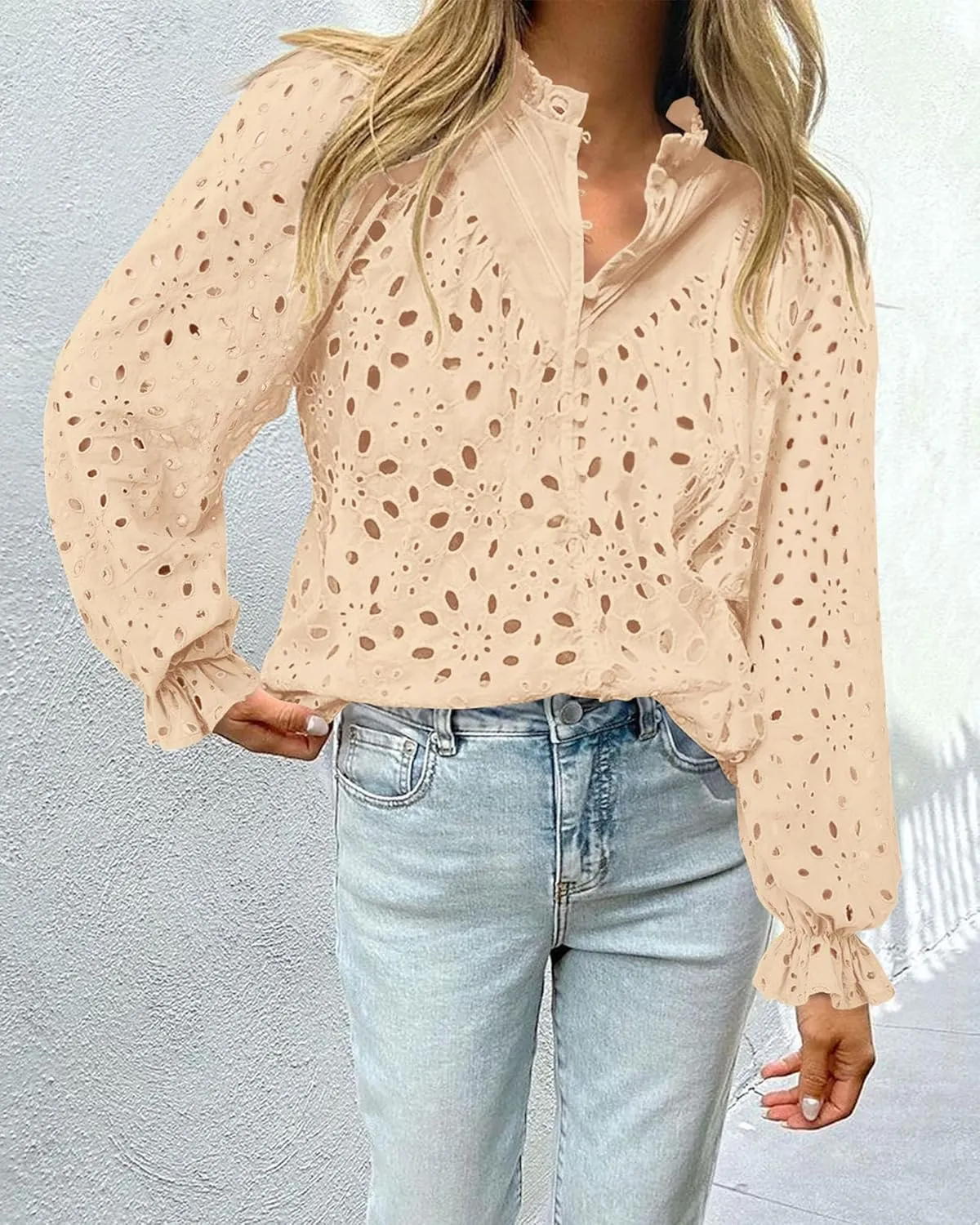 PRETTYGARDEN Women's Dressy Casual Blouse Tops Fall Spring Puff Long Sleeve Button V Neck Hollow Out Lace Embroidered Shirts