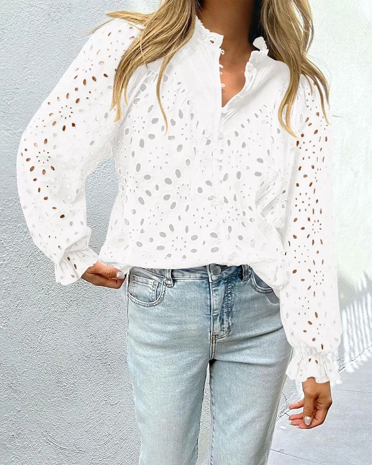 PRETTYGARDEN Women's Dressy Casual Blouse Tops Fall Spring Puff Long Sleeve Button V Neck Hollow Out Lace Embroidered Shirts