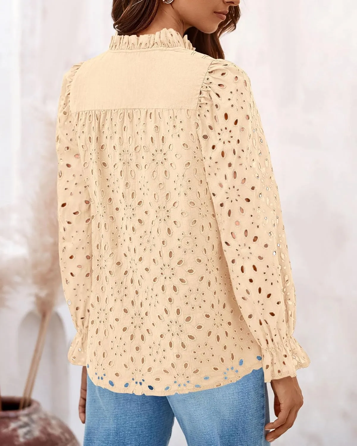 PRETTYGARDEN Women's Dressy Casual Blouse Tops Fall Spring Puff Long Sleeve Button V Neck Hollow Out Lace Embroidered Shirts