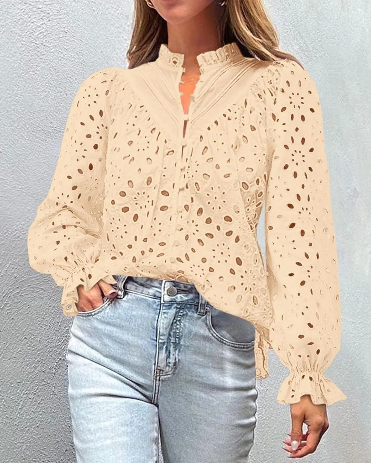 PRETTYGARDEN Women's Dressy Casual Blouse Tops Fall Spring Puff Long Sleeve Button V Neck Hollow Out Lace Embroidered Shirts