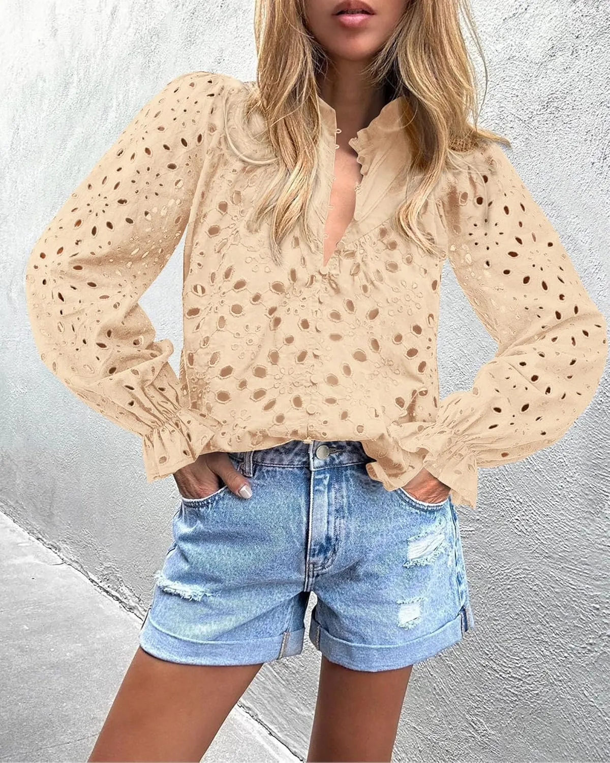 PRETTYGARDEN Women's Dressy Casual Blouse Tops Fall Spring Puff Long Sleeve Button V Neck Hollow Out Lace Embroidered Shirts