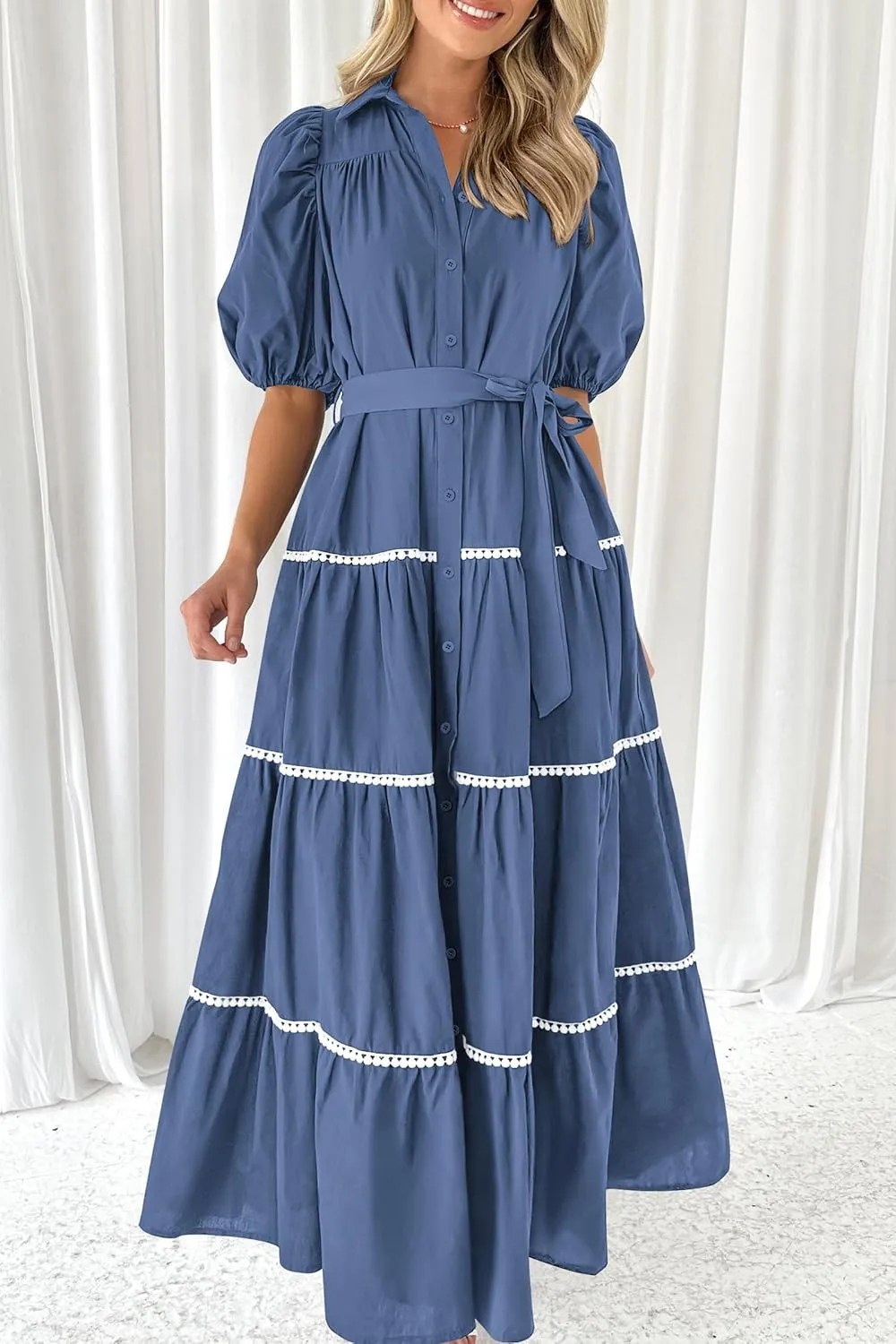 PRETTYGARDEN Women's Summer Button Down Shirt Dress Short Puffy Sleeve Tiered Ruffle Flowy Long Maxi Dresses