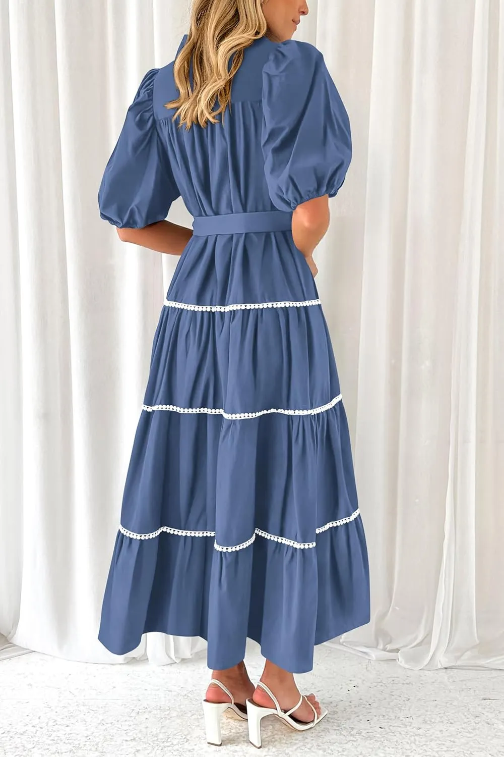 PRETTYGARDEN Women's Summer Button Down Shirt Dress Short Puffy Sleeve Tiered Ruffle Flowy Long Maxi Dresses