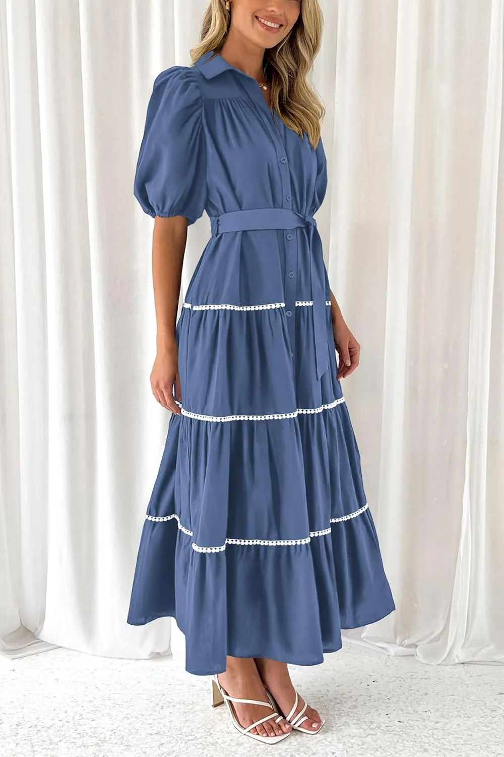 PRETTYGARDEN Women's Summer Button Down Shirt Dress Short Puffy Sleeve Tiered Ruffle Flowy Long Maxi Dresses