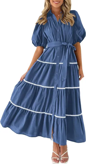 PRETTYGARDEN Women's Summer Button Down Shirt Dress Short Puffy Sleeve Tiered Ruffle Flowy Long Maxi Dresses