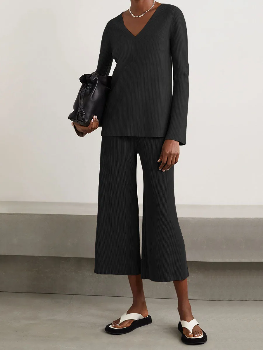 Pure Color V-Neck Casual Knitted Long Sleeve Suit