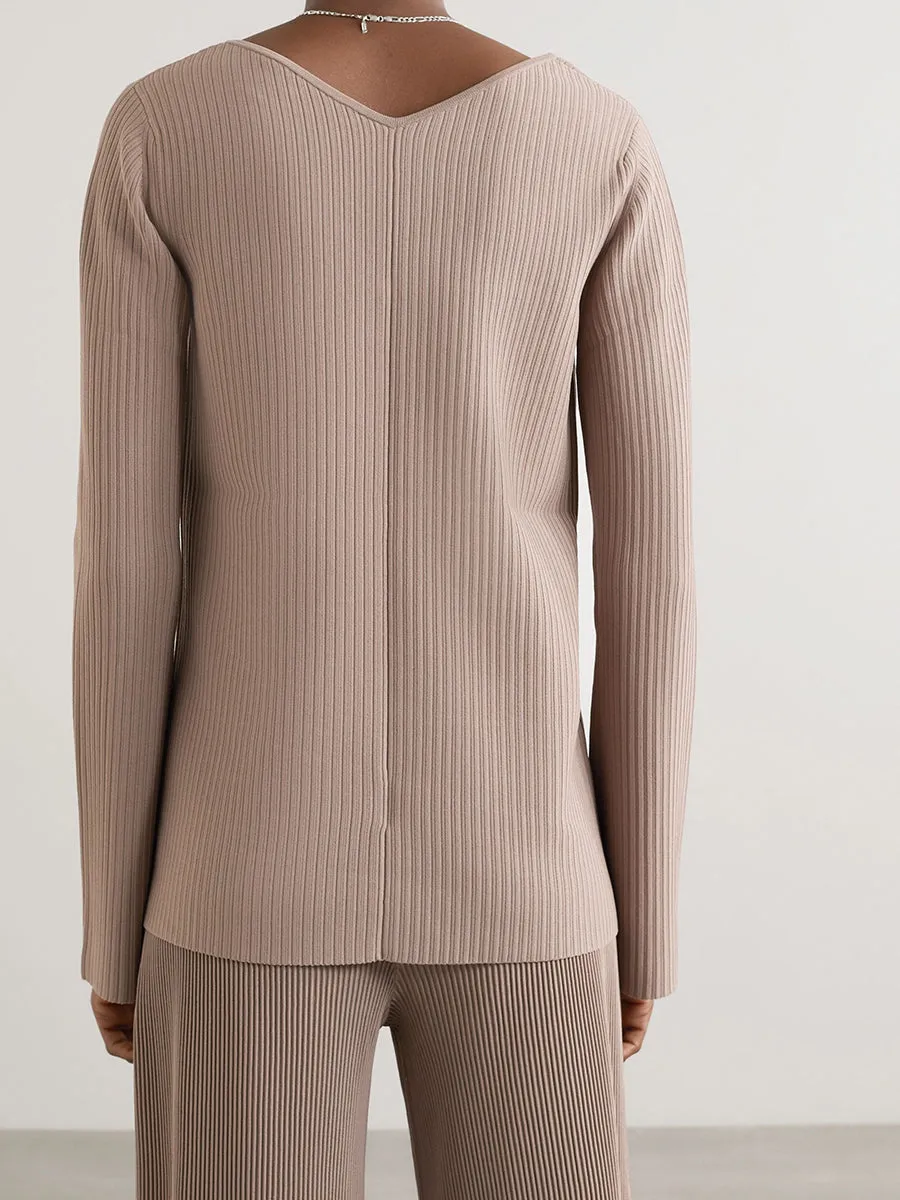 Pure Color V-Neck Casual Knitted Long Sleeve Suit