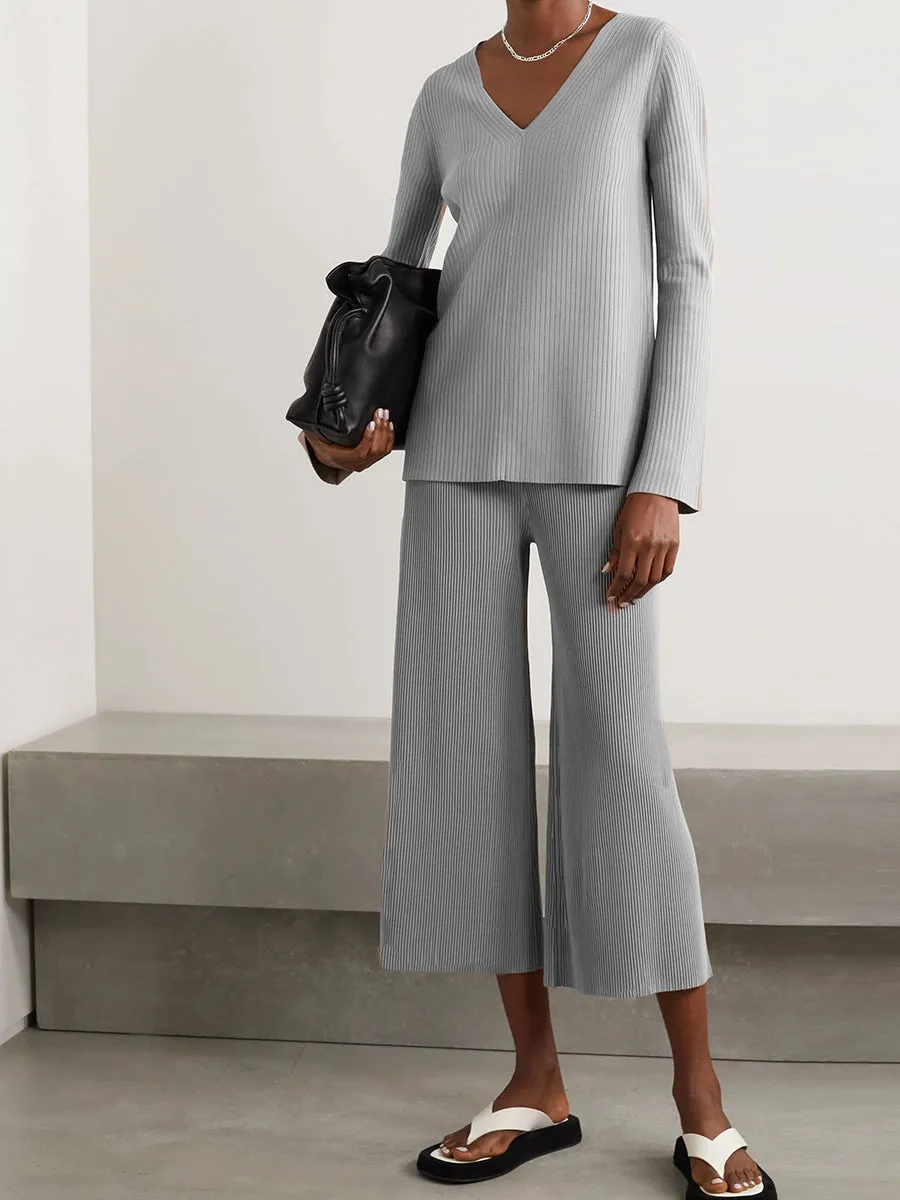 Pure Color V-Neck Casual Knitted Long Sleeve Suit