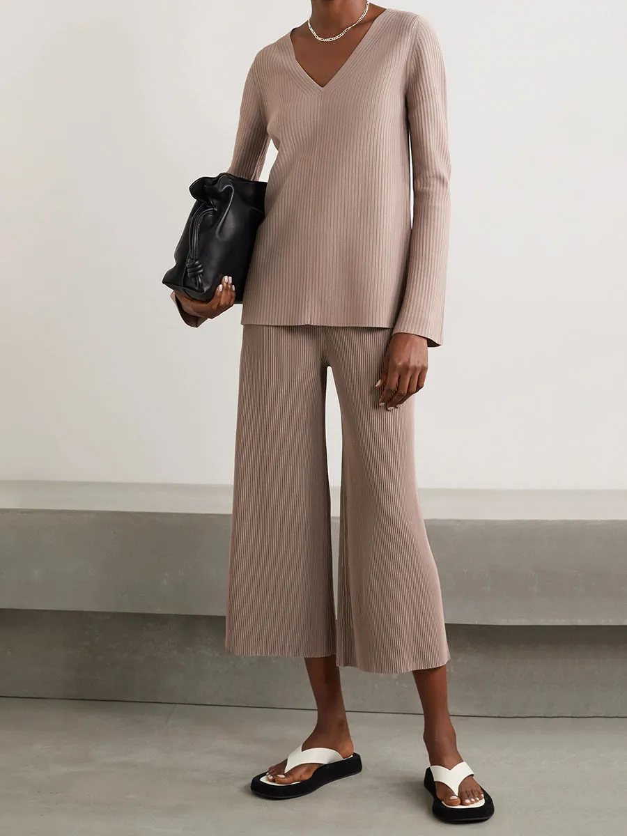 Pure Color V-Neck Casual Knitted Long Sleeve Suit
