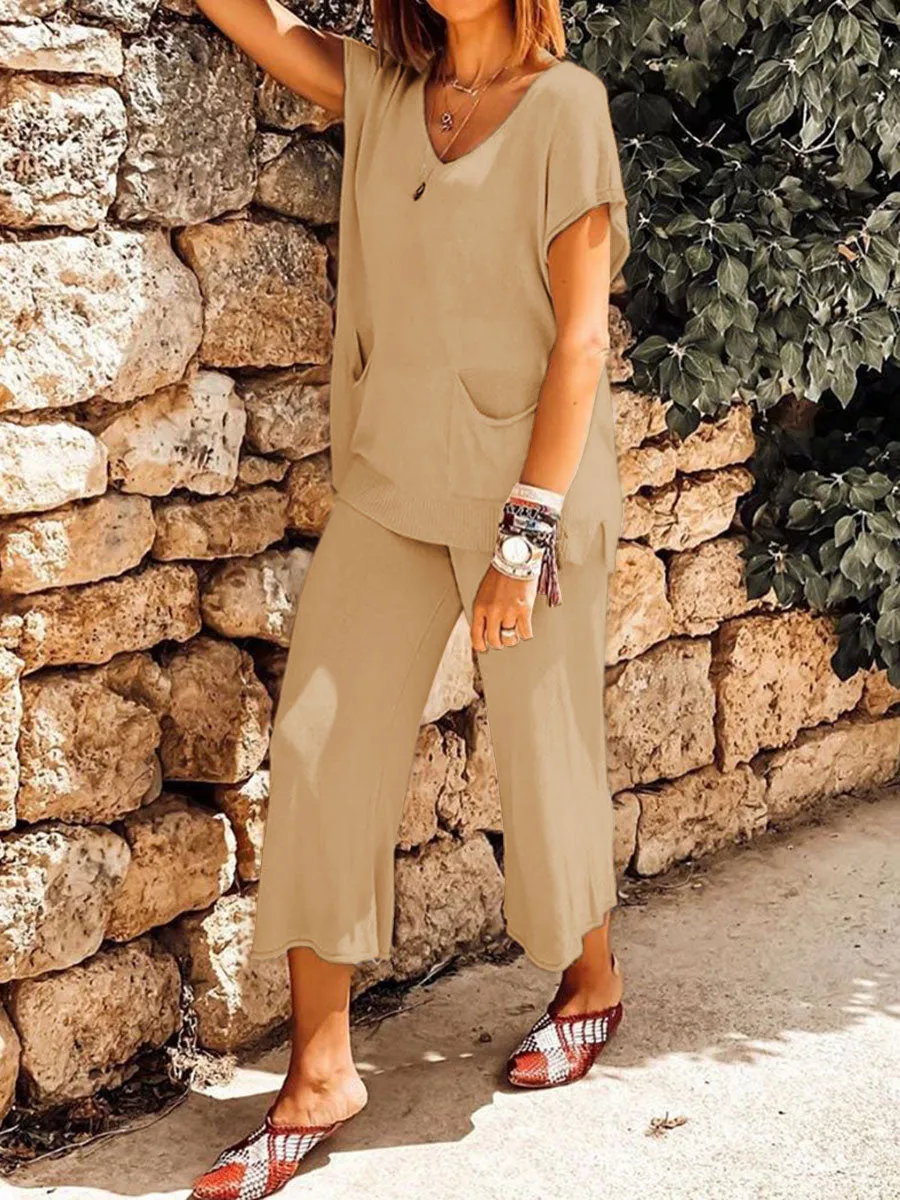 Pure Color V-Neck Casual Pocket Suit