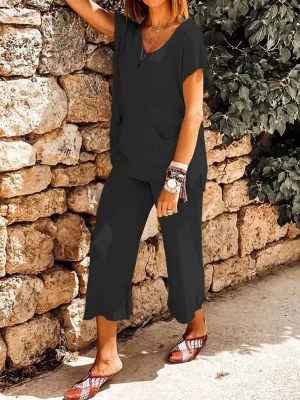 Pure Color V-Neck Casual Pocket Suit