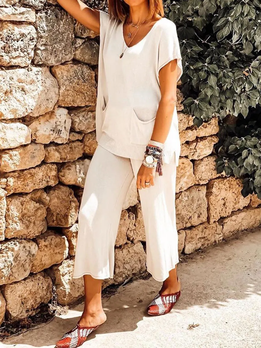 Pure Color V-Neck Casual Pocket Suit