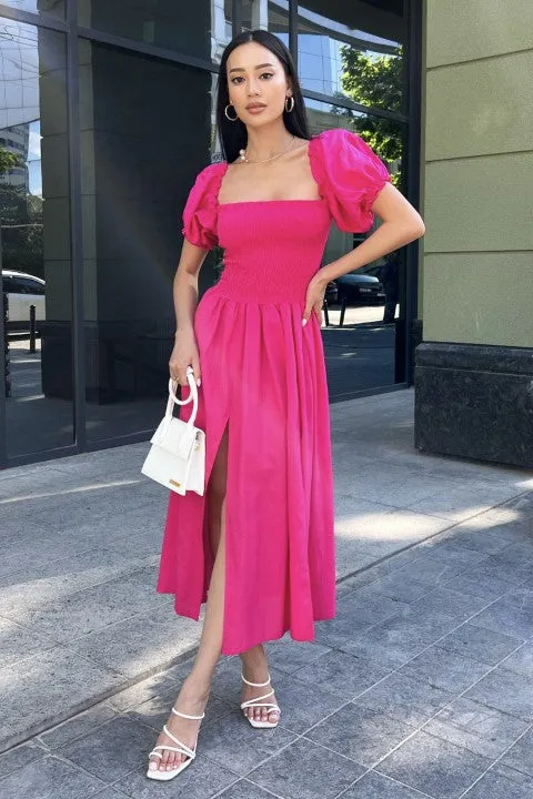 Raspberry Dress For Lady, Elegant Dress With Elasticated Bodice