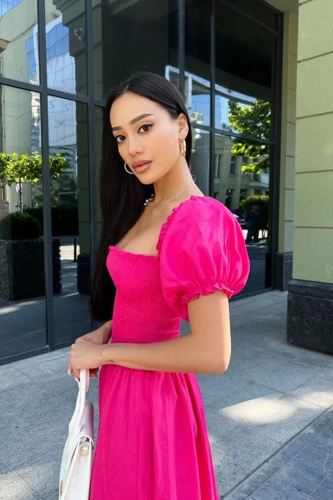 Raspberry Dress For Lady, Elegant Dress With Elasticated Bodice