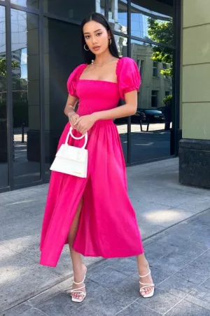 Raspberry Dress For Lady, Elegant Dress With Elasticated Bodice