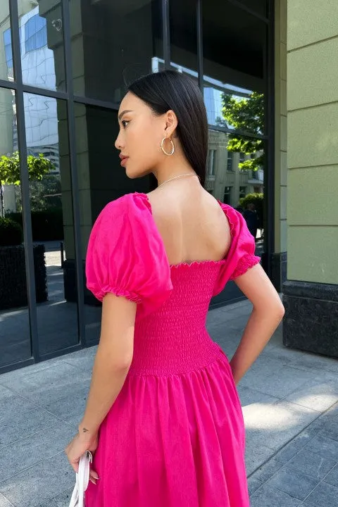 Raspberry Dress For Lady, Elegant Dress With Elasticated Bodice