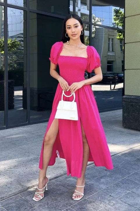 Raspberry Dress For Lady, Elegant Dress With Elasticated Bodice