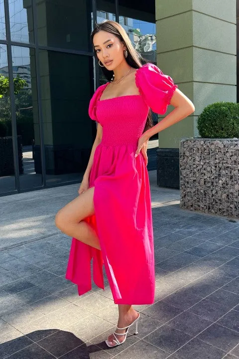 Raspberry Dress For Lady, Elegant Dress With Elasticated Bodice