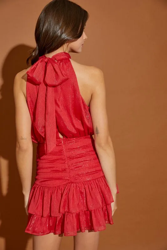 Red Chiffon Shirred Dress