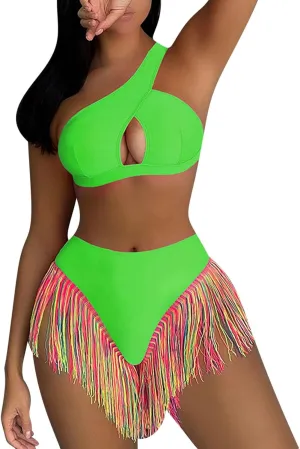 Ruziyoog Bikini Set for Women Two Piece One Shoulder Cut Out Swimsuits Fringe Hem High Waist Tummy Control Slimming Swimwear