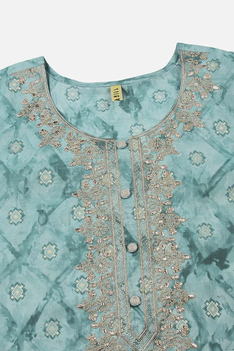Sea Green Silk Blend Ombre Straight Kurta Trousers With Dupatta