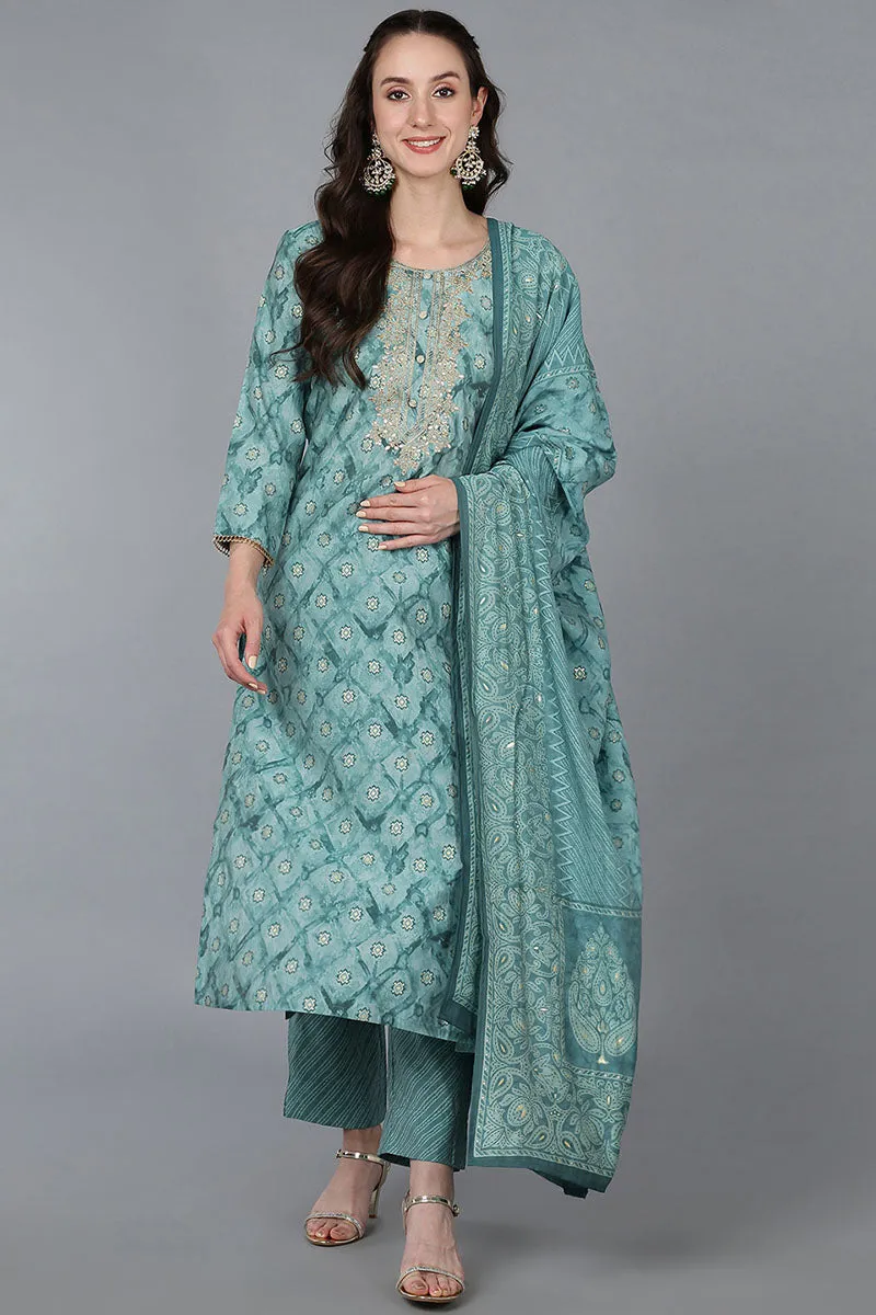 Sea Green Silk Blend Ombre Straight Kurta Trousers With Dupatta