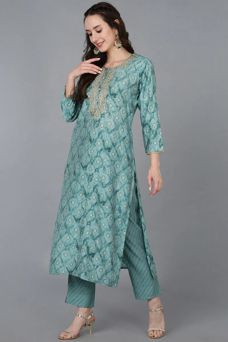 Sea Green Silk Blend Ombre Straight Kurta Trousers With Dupatta