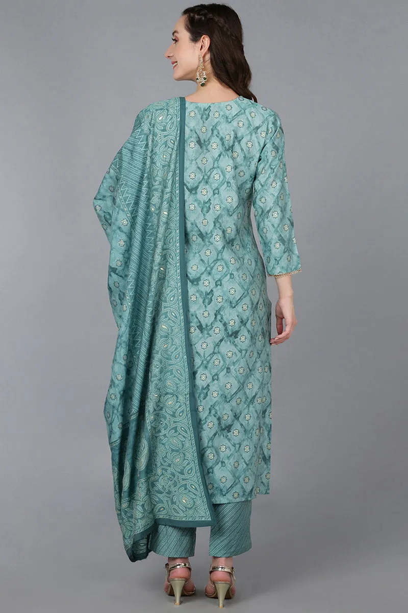Sea Green Silk Blend Ombre Straight Kurta Trousers With Dupatta
