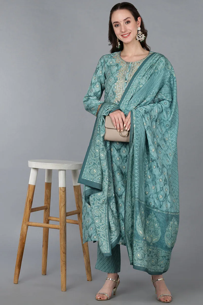 Sea Green Silk Blend Ombre Straight Kurta Trousers With Dupatta