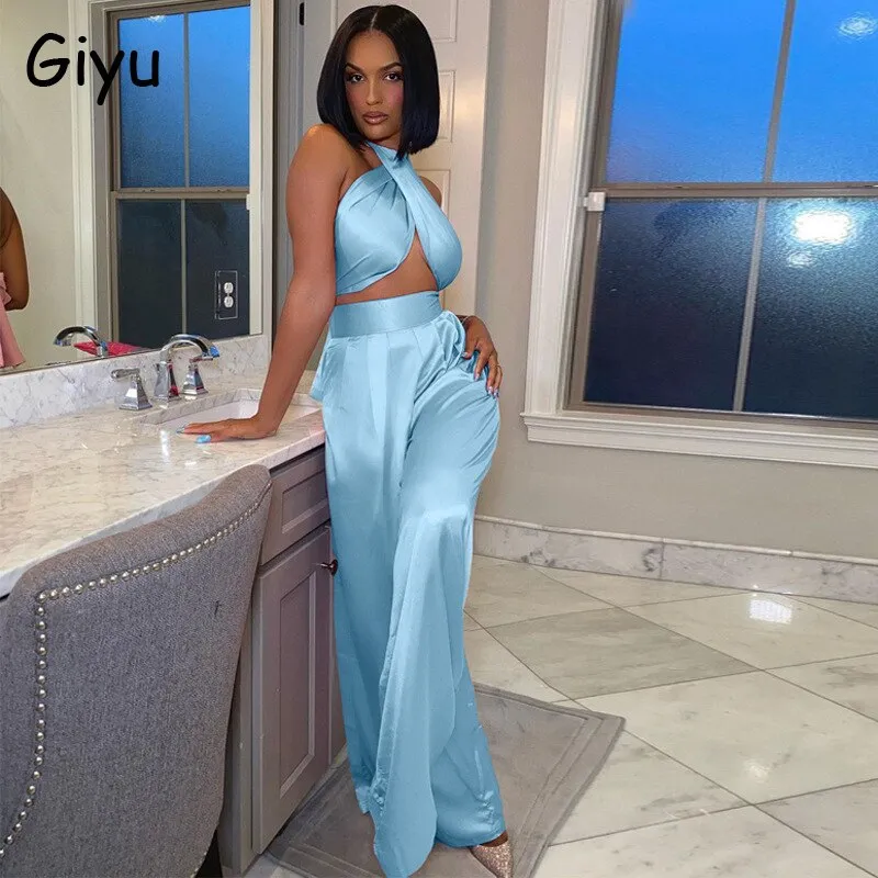 Sexy Halter Backless Crop Top and Pants Set