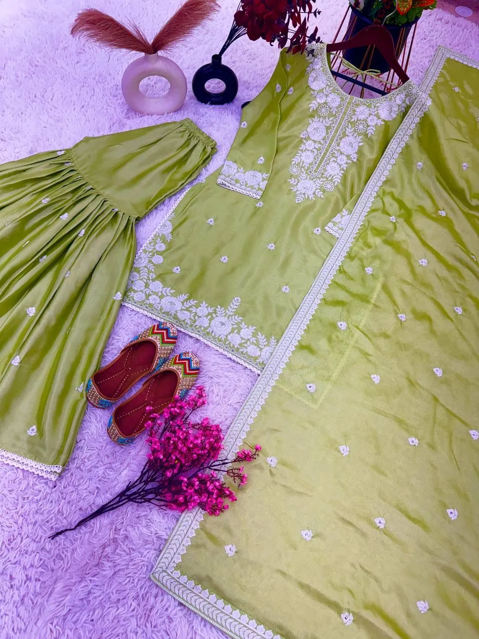 Stunning Olive Green Colored Chinon With Embroidery Sequins Work Sharara Suits With Dupatta