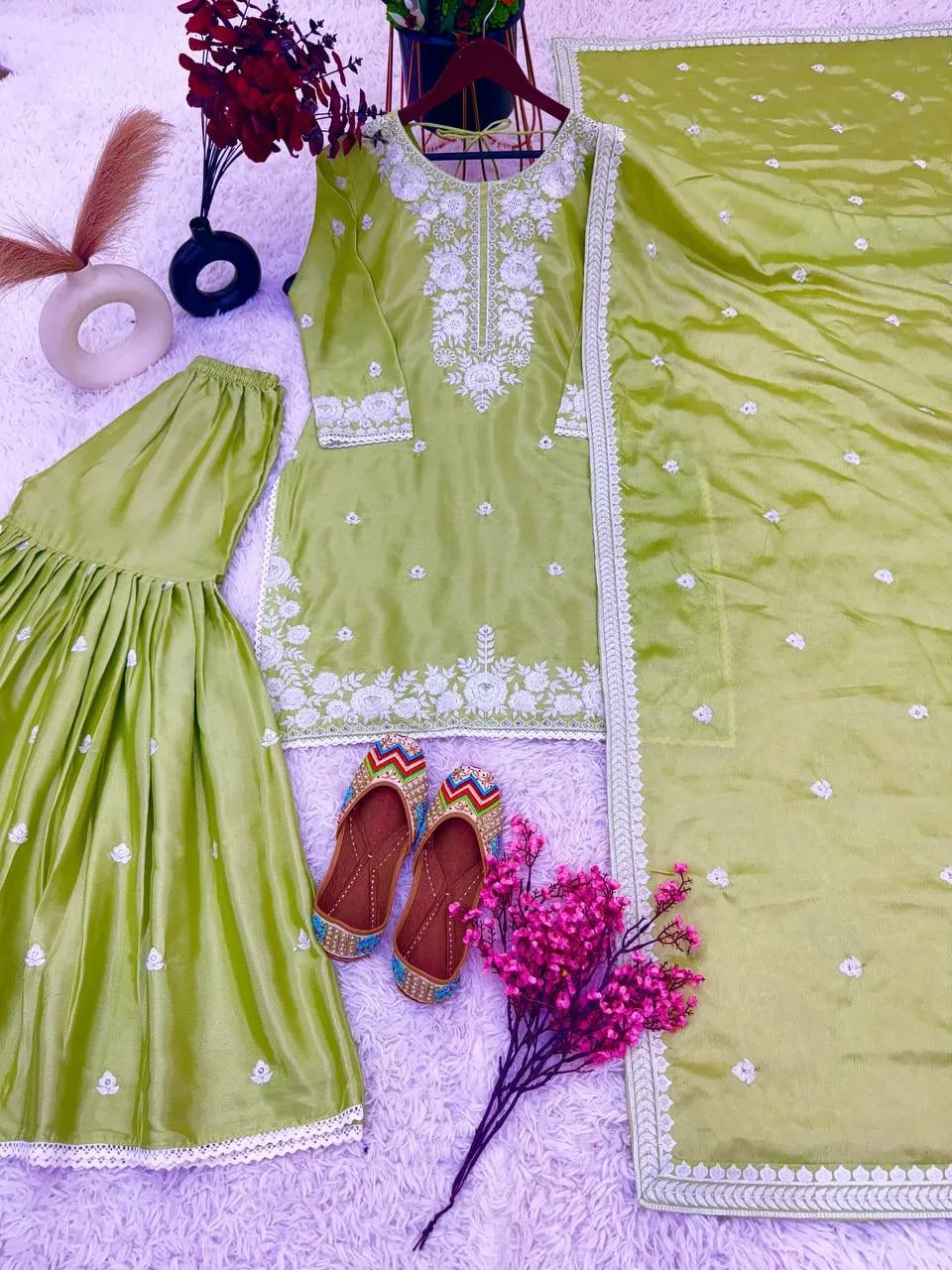 Stunning Olive Green Colored Chinon With Embroidery Sequins Work Sharara Suits With Dupatta