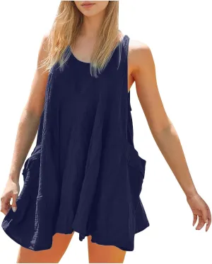 Summer Dresses for Women Casual Solid Color Mini Beach Dress Crew Neck Sleeveless Pleated Loose Comfy Short Dress