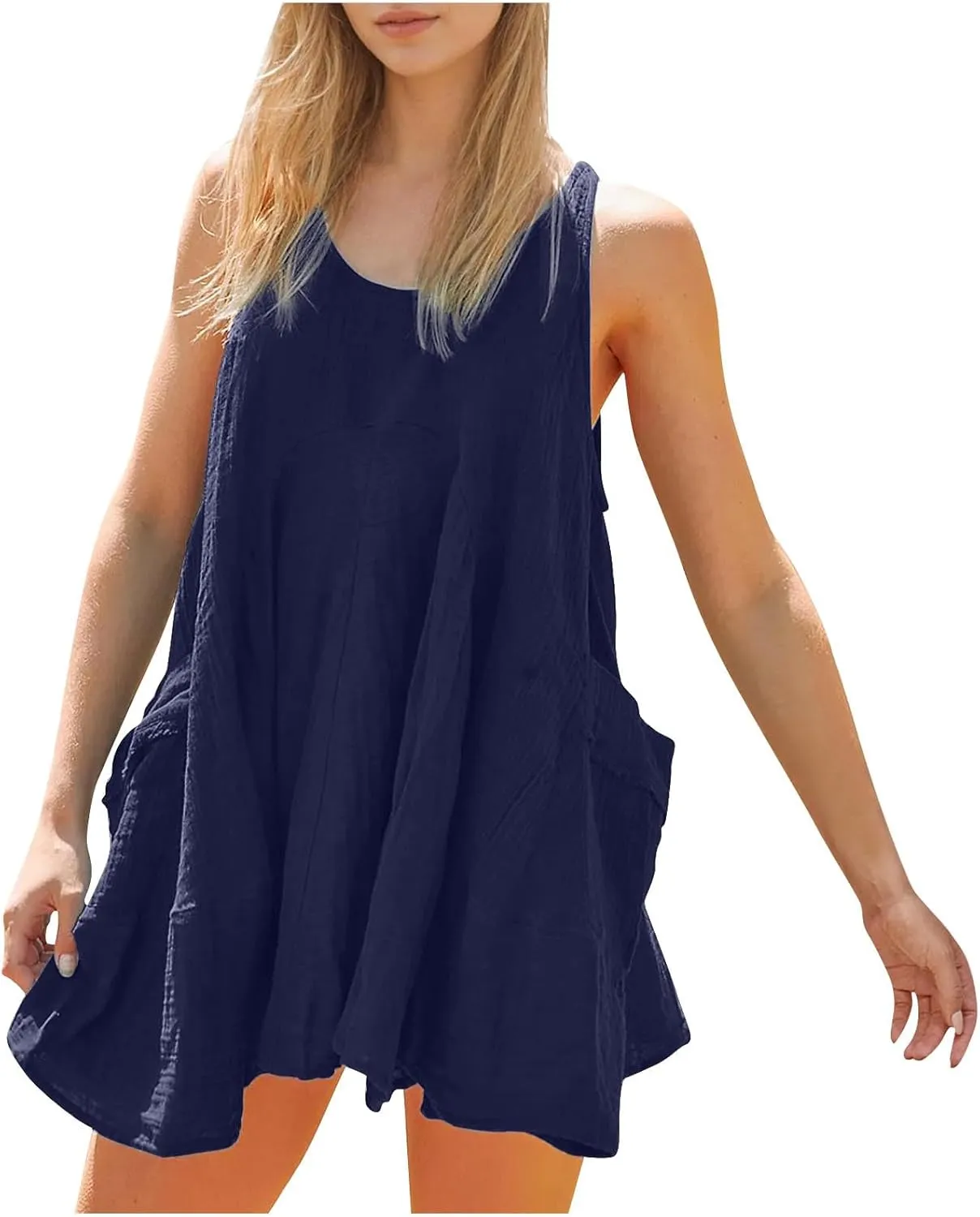 Summer Dresses for Women Casual Solid Color Mini Beach Dress Crew Neck Sleeveless Pleated Loose Comfy Short Dress