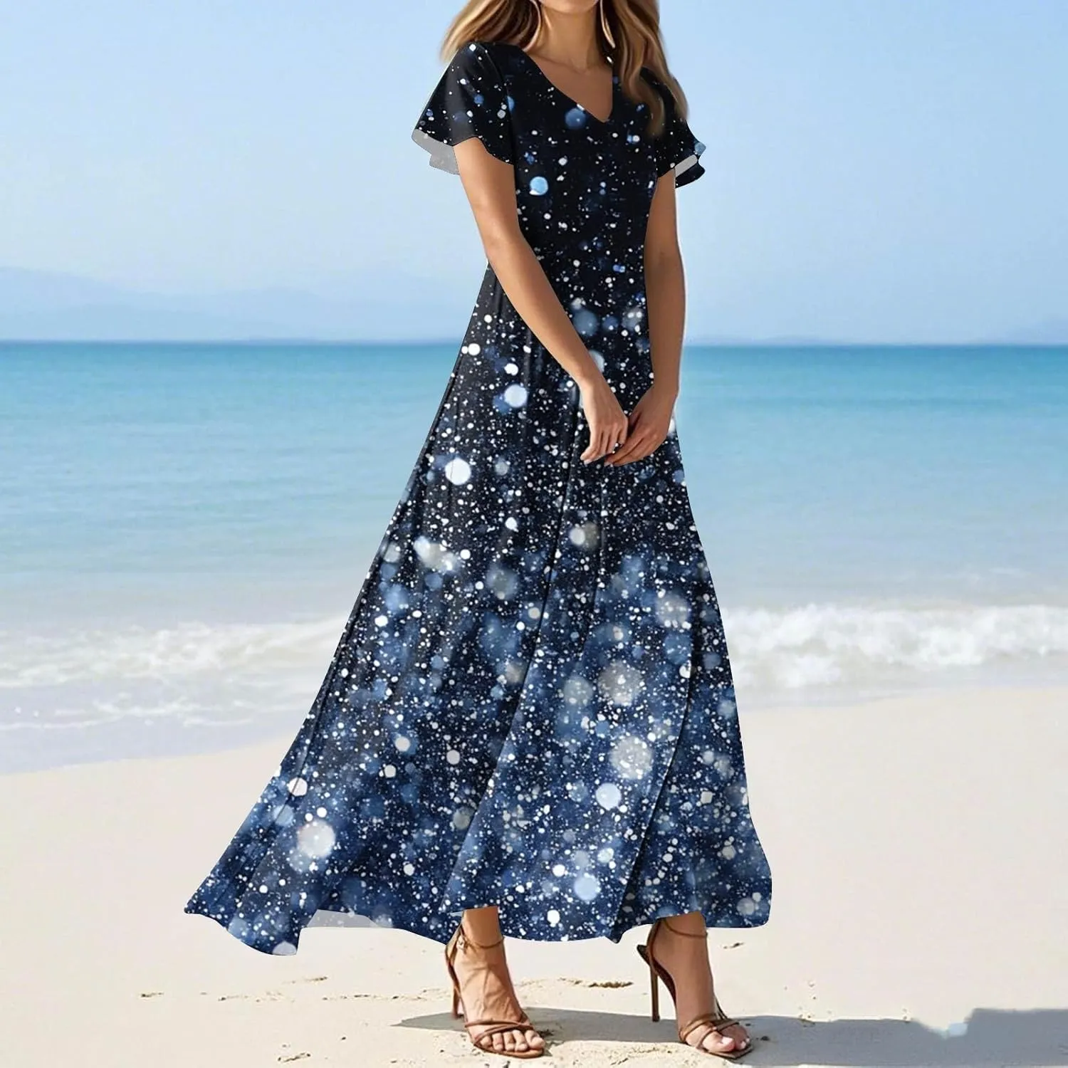 Summer Dresses for Women Floral A-Line Midi Dress Casual Short Sleeve V Neck Flowy Hawaiian Boho Beach Sundresses