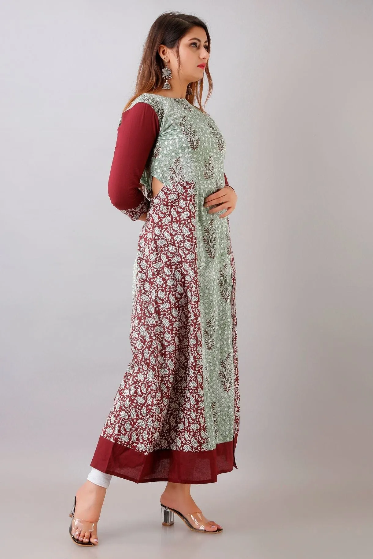 Svarchi Womens Cotton Buti Print A-Line Kurta (Maroon & Green)