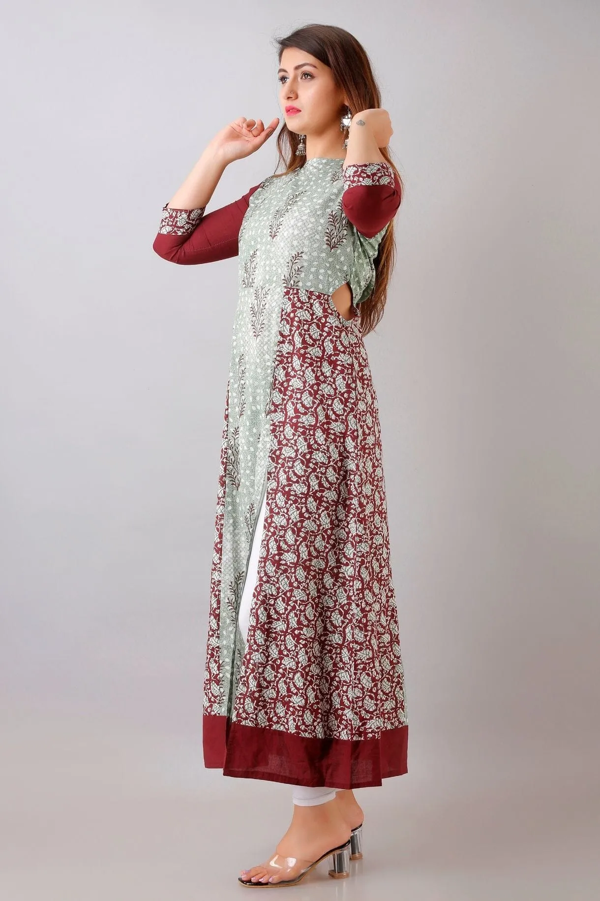 Svarchi Womens Cotton Buti Print A-Line Kurta (Maroon & Green)