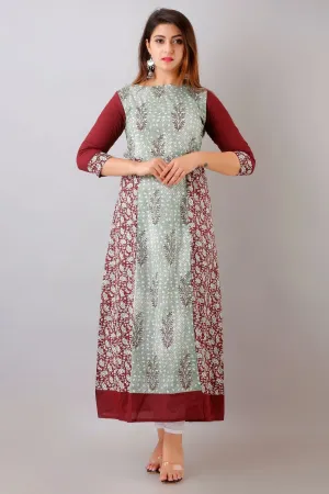 Svarchi Womens Cotton Buti Print A-Line Kurta (Maroon & Green)