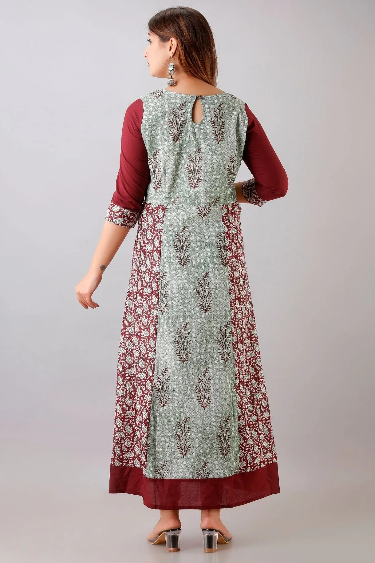 Svarchi Womens Cotton Buti Print A-Line Kurta (Maroon & Green)